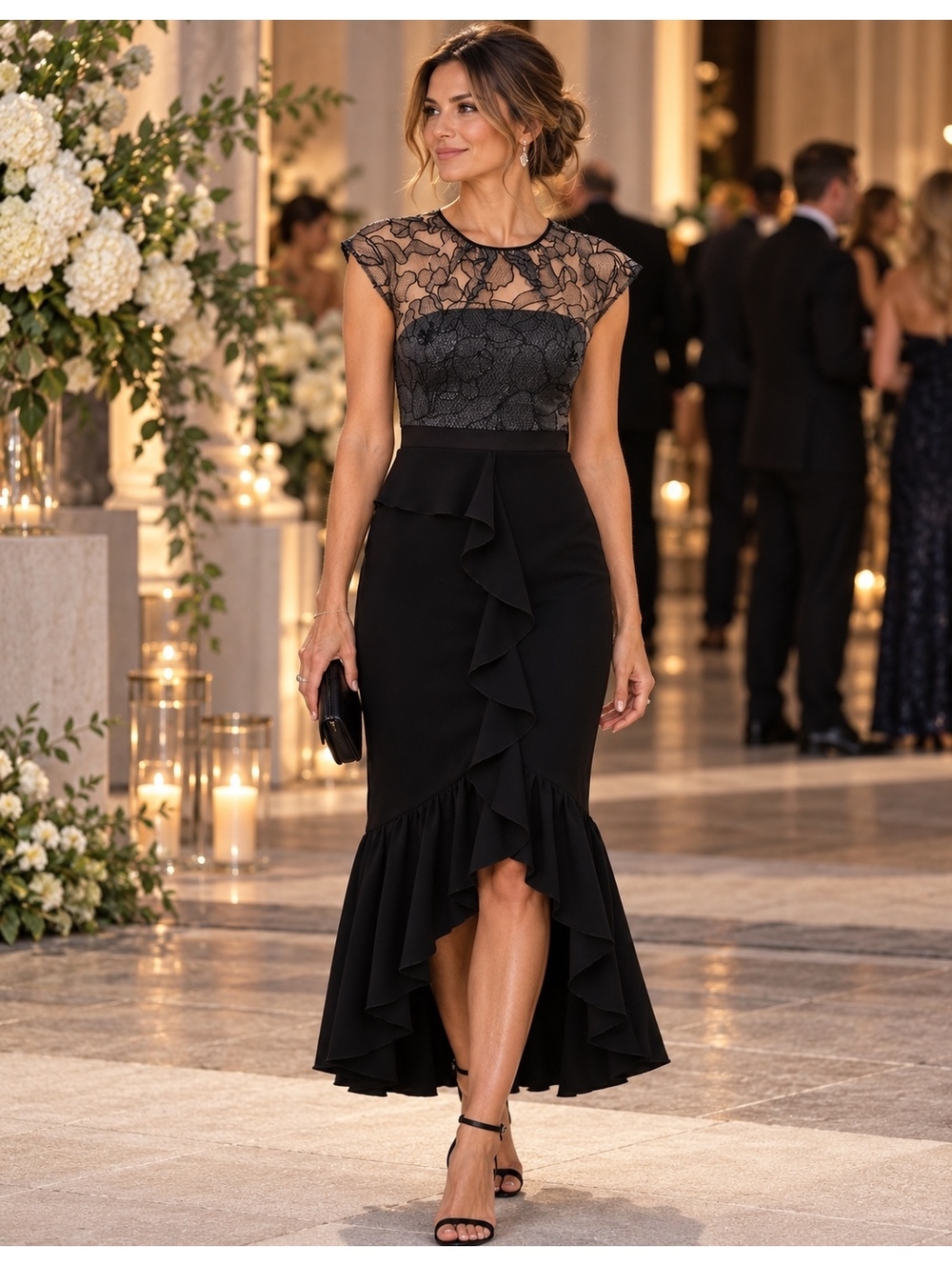 Three Floor Rumi Black Lace Ruffle High Low Midi Dress Size 6